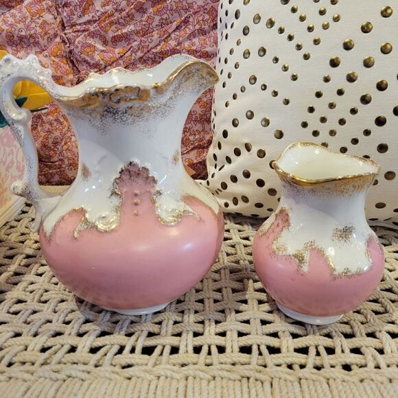 Antique Pitcher & Vase Set of Two Fluted - Pink, White, and Gold Semi Porcelain - Picture 4 of 5